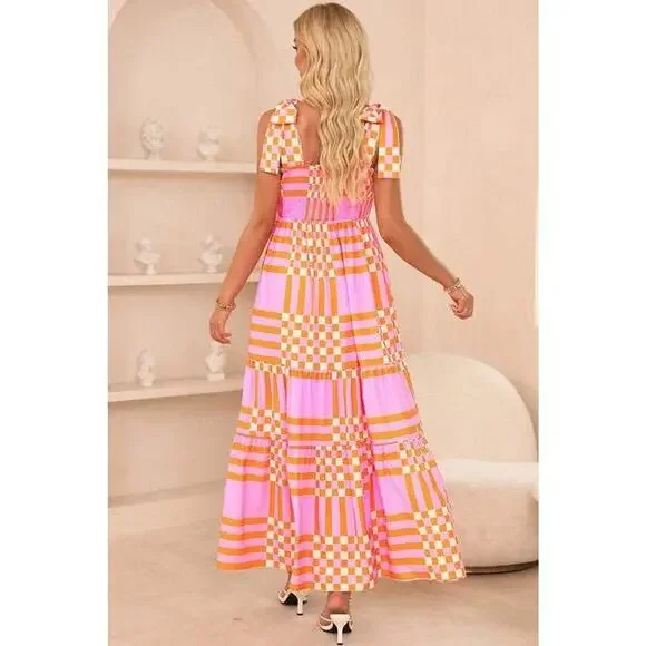 Boutique Women’s Large Pink Orange Gingham Smocked Shoulder Tie Maxi Dress NWT - Picture 2 of 7